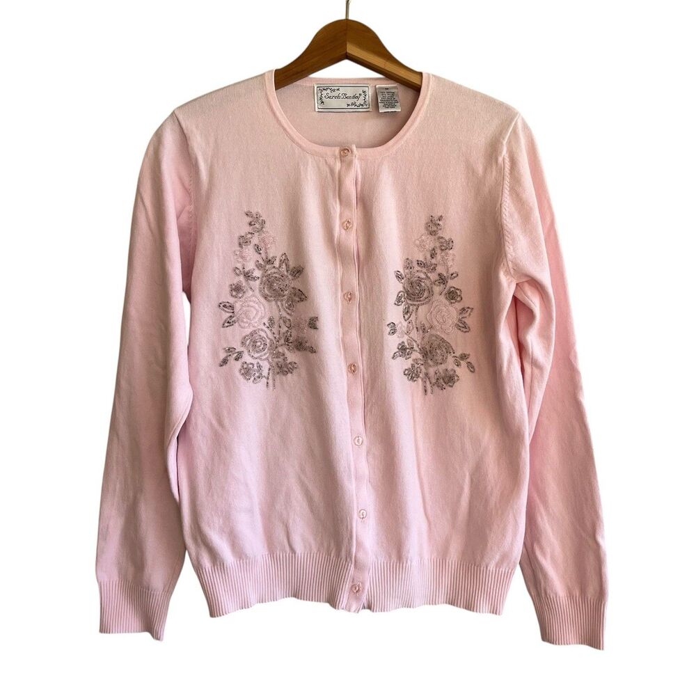 Vintage Sarah Bentley Womens Beaded Cardigan Size M Dainty Pink Grandmacore